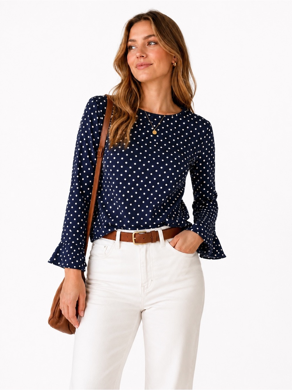Lauren Ralph Lauren Navy Polka Dot Ruffle Cuff Long Sleeve Top Large